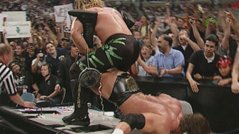 A photo of Triple H taken from the match against Chris Jericho after he tore his left quadriceps muscle