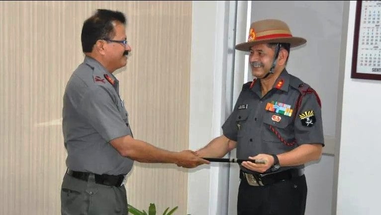 A photo of Upendra Dwivedi (right) taken while he was taking over as the Inspector General of Assam Rifles (IGAR) (East)