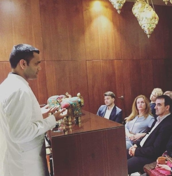 A photo of Vivek Joshi conducting a lecture in Moscow