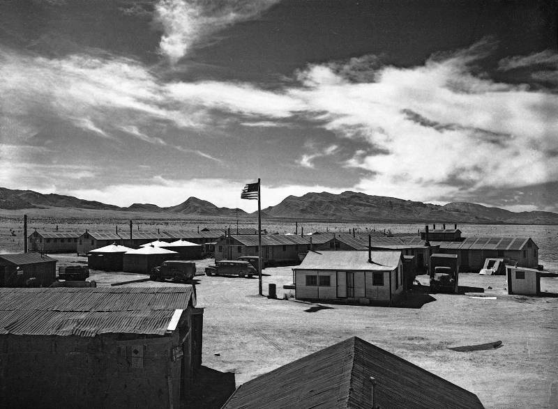 A photo of the Trinity test base camp constructed in the deserts of Los Alamos