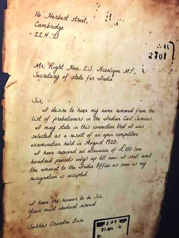 A photo of the resignation letter written by Netaji to Secretary of State for India