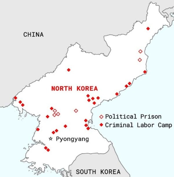 A photo released by the CIA pointing out the places where such camps are situated in DPRK