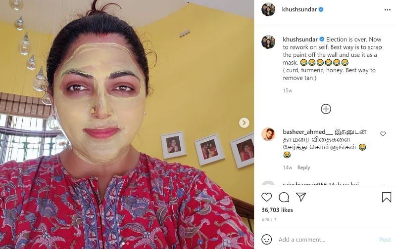 A picture Instagrammed by Khushbu while wearing a homemade face mask