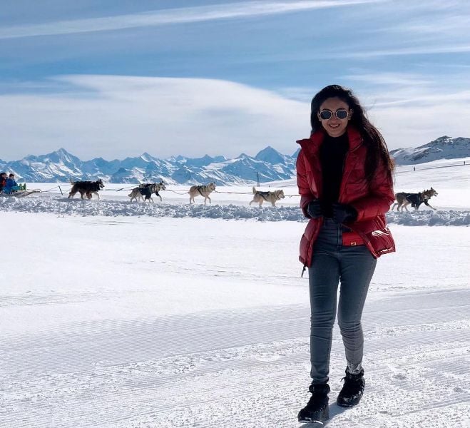 A picture of Aishwarya Arjun from her trip to Gstaad, Switzerland