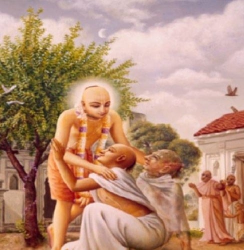 A picture of Chaitanya Mahaprabhu and leper Vasudeva