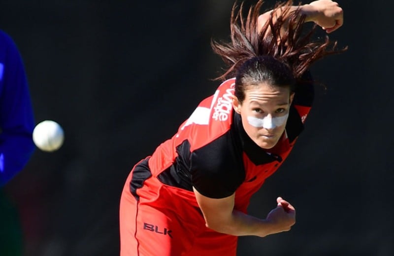 A picture of Megan Schutt playing for SA Scorpions