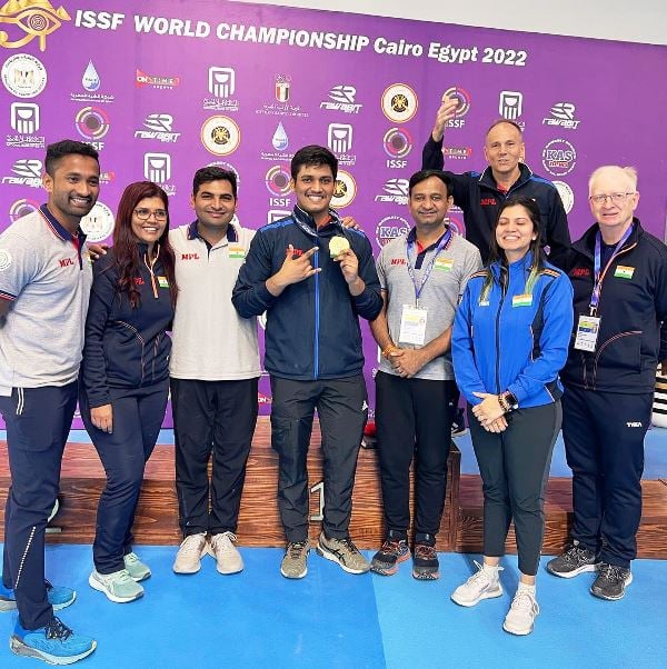 Rudrankksh Patil after winning the gold medal in the 10 m air rifle at the 2022 ISSF World Championship Rifle Pistol held in Cairo, Egypt