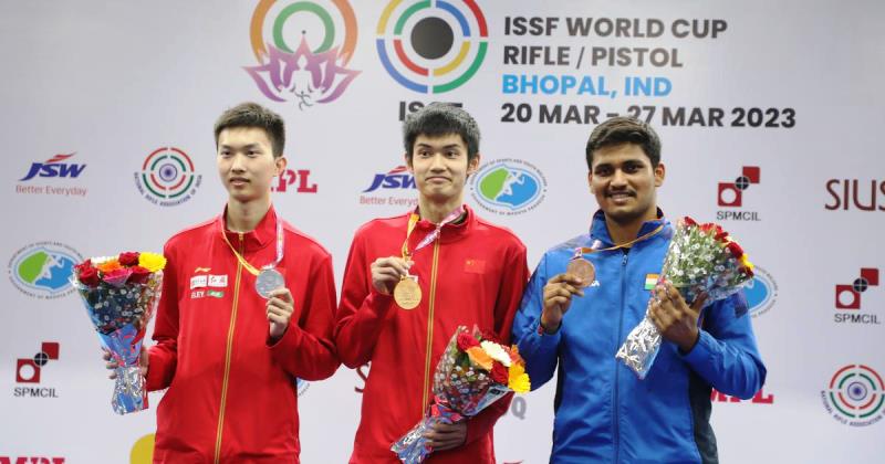 Rudrankksh Patil (rightmost) after winning a bronze medal in the 10m air rifle at ISSF World Cup 2023 Bhopal
