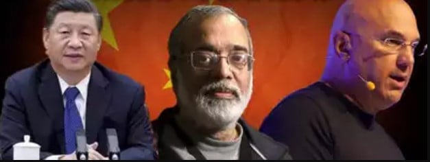 A picture of Xi Jinping, Prabir Purkayastha (owner of NewsClick), and Neville Roy Singham