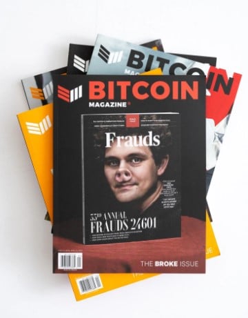 A picture of some copies of Bitcoin Magazine