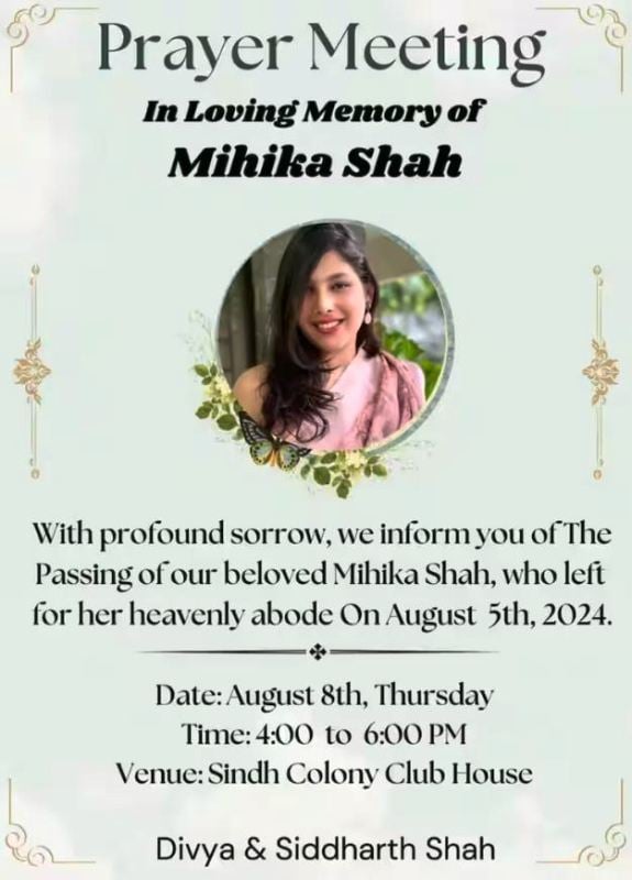 A post about the prayer meeting held in memory of Mihika Shah on 8 August 2024