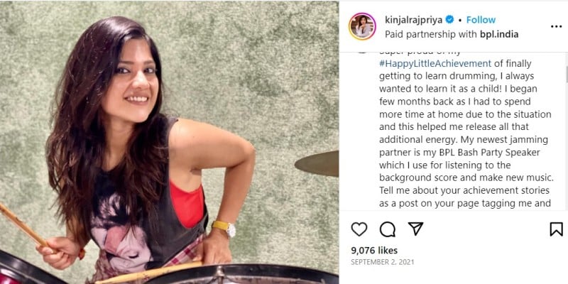 A post shared by Kinjal Rajpriya about her interest in learning drumming on social media