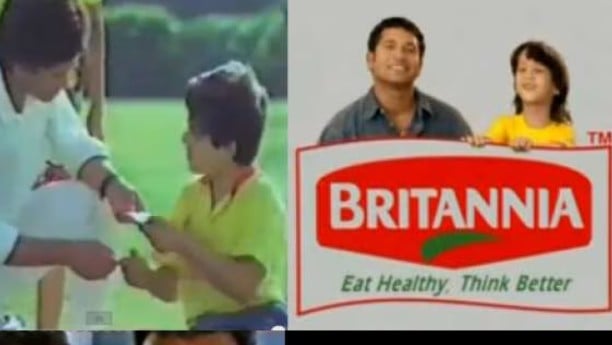 A poster and a still from the Britannia advertisement featuring Sachin Tendulkar and Anajinsama