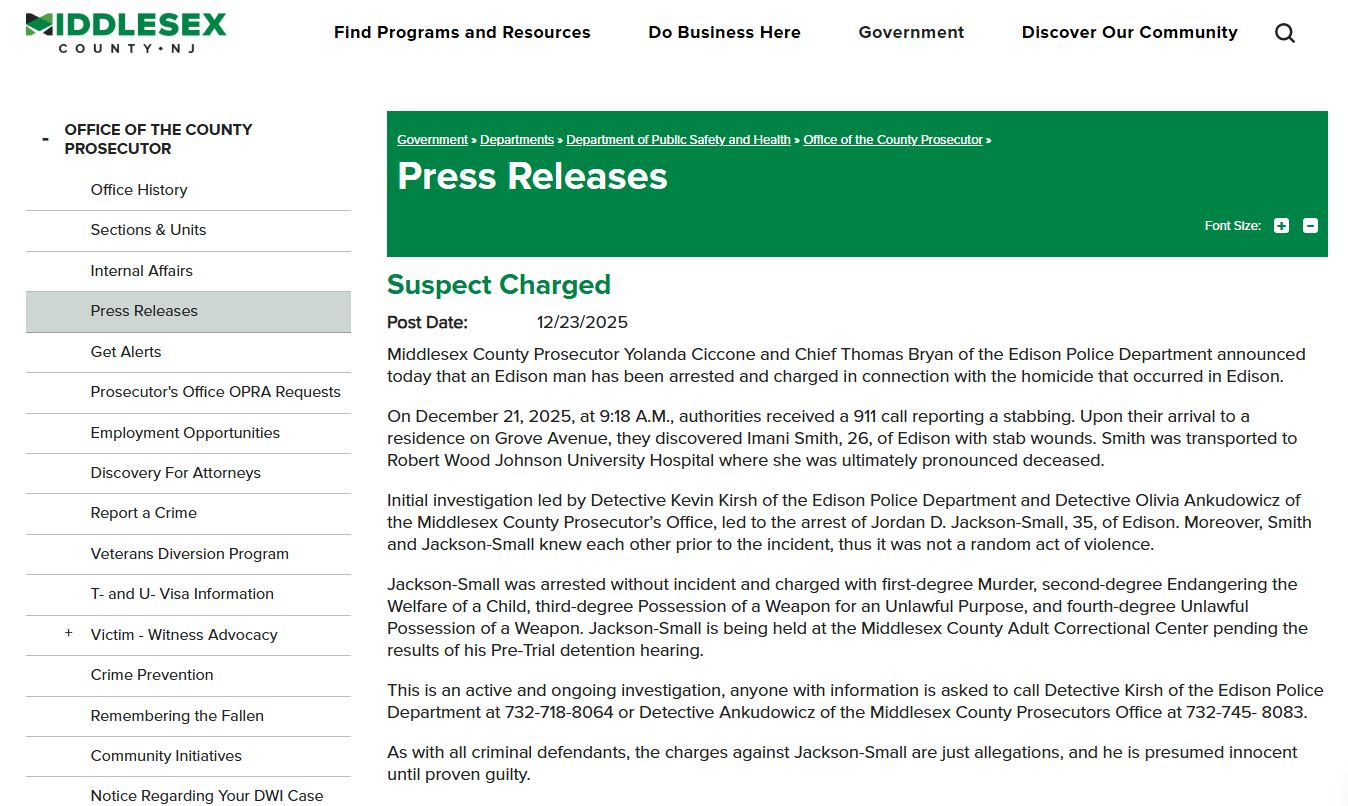 A screenshot of a press release about Jordan D Jackson-Small by the Middlesex County Adult Correctional Center