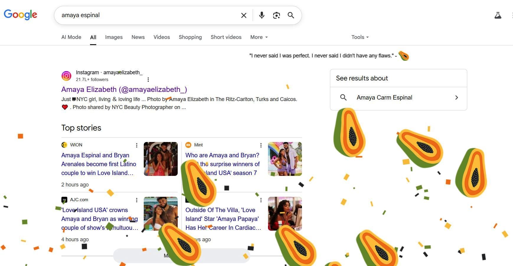 A screenshot showing papayas floating across the screen with a message at the top after searching Amaya Espinal