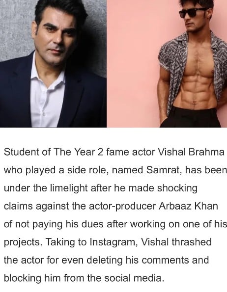 A snip from a news media article in which Vishal Brahma blamed Arbaaz Khan