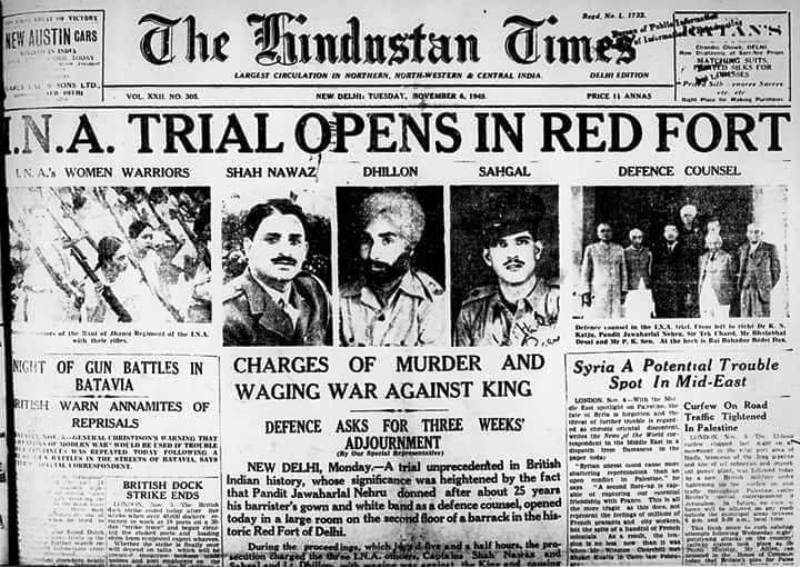A snip of a newspaper about the trial of the 300 INA soldiers who were tried at the Red Fort in New Delhi