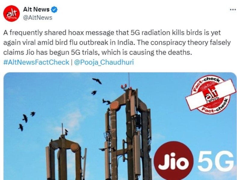A snip of the fact check done by a news channel about the news of birds being killed because of the 5G tests done by Jio