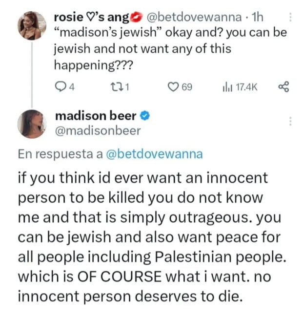A snip of the social media post by Madison Beer about the Israeli-Palestinian conflict