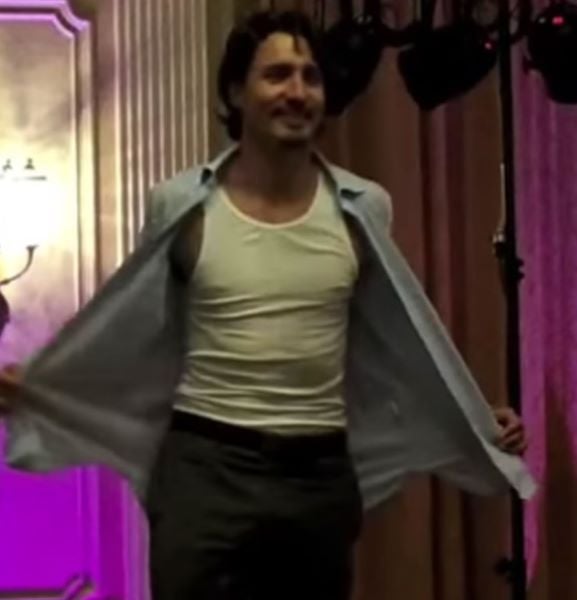 A snip of the video in which Justin Trudeau can be seen taking off his shirt