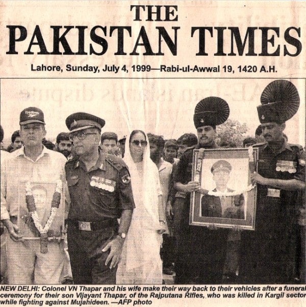 A snippet of The Pakistan Times talking about the death of Captain Vijayant Thapar during the Kargil War