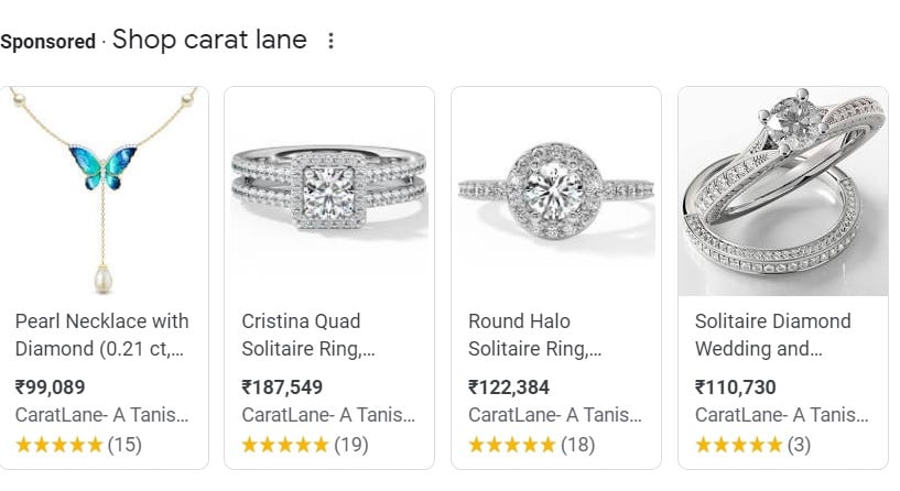 A snippet of online products by CaratLane