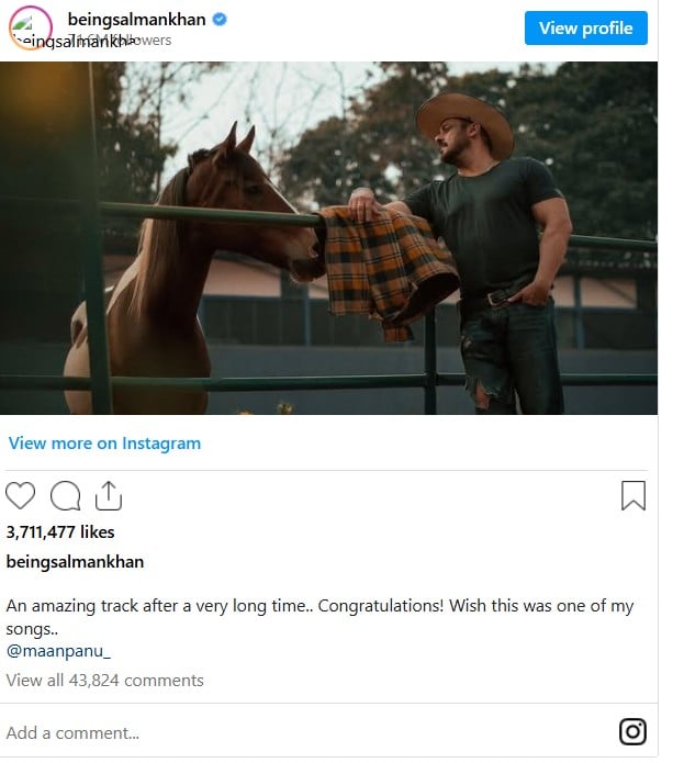 A social media post by Salman Khan while praising Maan Panu