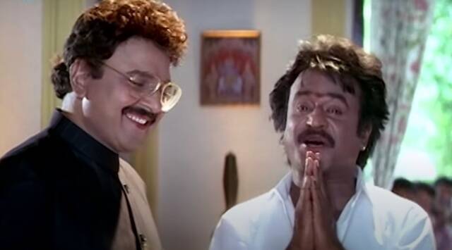 A still from Muthu starring Sarath Babu and Rajinikanth