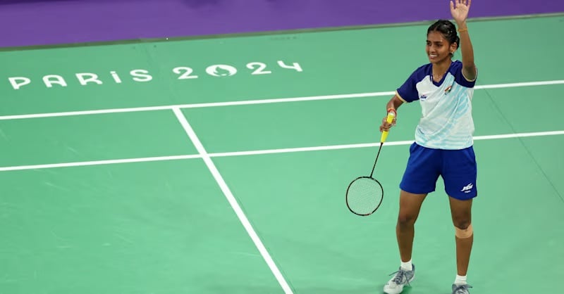 A still of Manisha Ramadass playing badminton at the Summer Paralympic Games in Paris (2024)