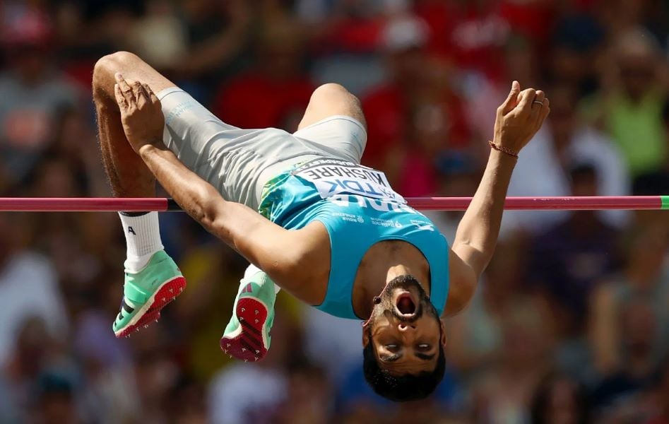 A still of Sarvesh Kushare jumping at the World Athletics Championships in Budapest (2023)