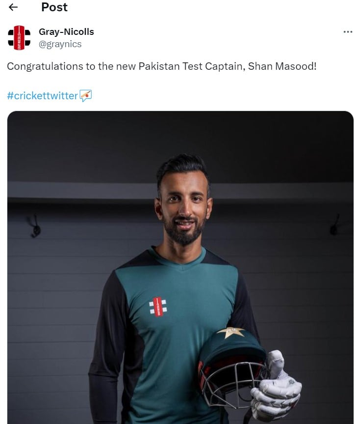 A tweet congratulating Shan Masood after his appointment as Pakistan test captain