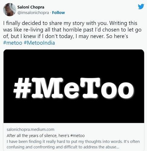 A tweet of Saloni Chopra accusing Sajid Khan