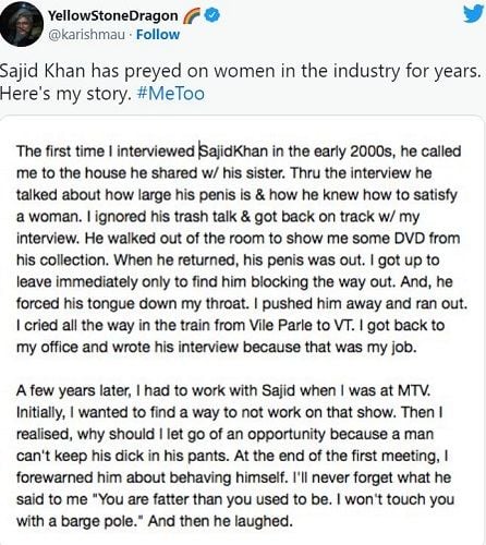 A tweet of a journalist accusing Sajid Khan of misconduct