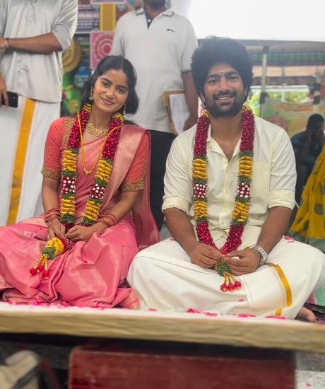 Aadhirai Soundarajan on the sets of the Tamil television show Mahanadhi