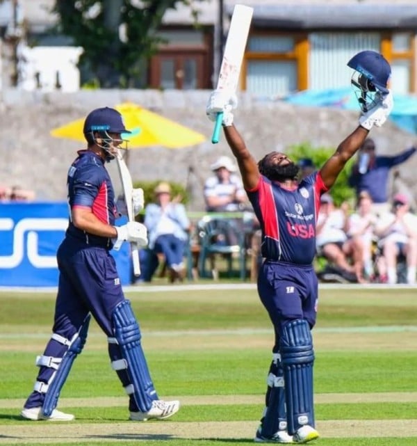 Aaron Jones celebrating his first ODI hundred