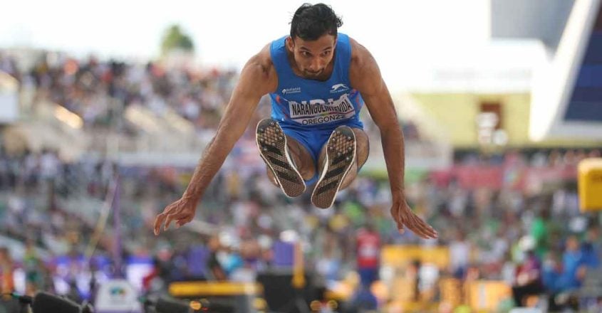 Abdulla Aboobacker jumping at the Commonwealth Games (2022)