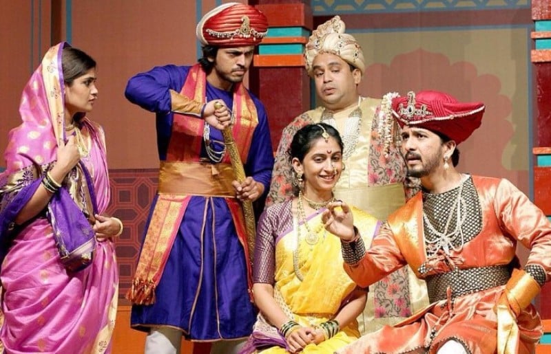 Abhijeet Khandkekar (extreme right) performing during the play Pati Gele Ga Kathewadi