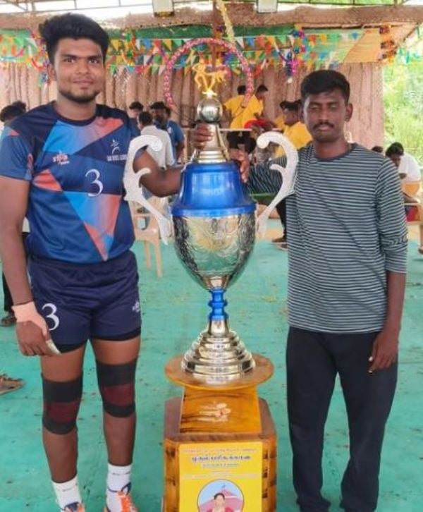 Abinand Subhash posing with the trophy after winning a Kabaddi tournament in Gudluru, Andhra Pradesh