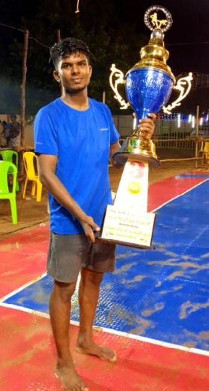 Abinand Subhash posing with the trophy at the Sivagangai South Zone level Kabaddi Tournament