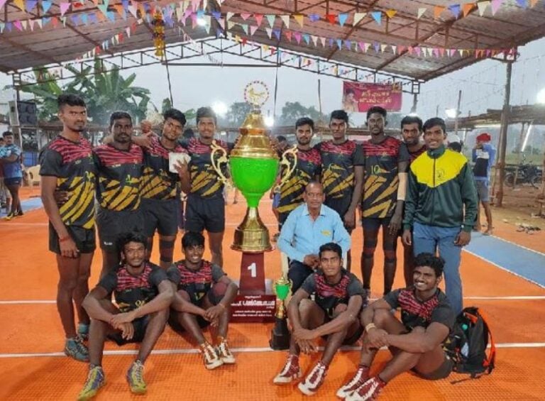 Abinand Subhash with his team at a Kabaddi tournament in Nambiyur, Tamil Nadu