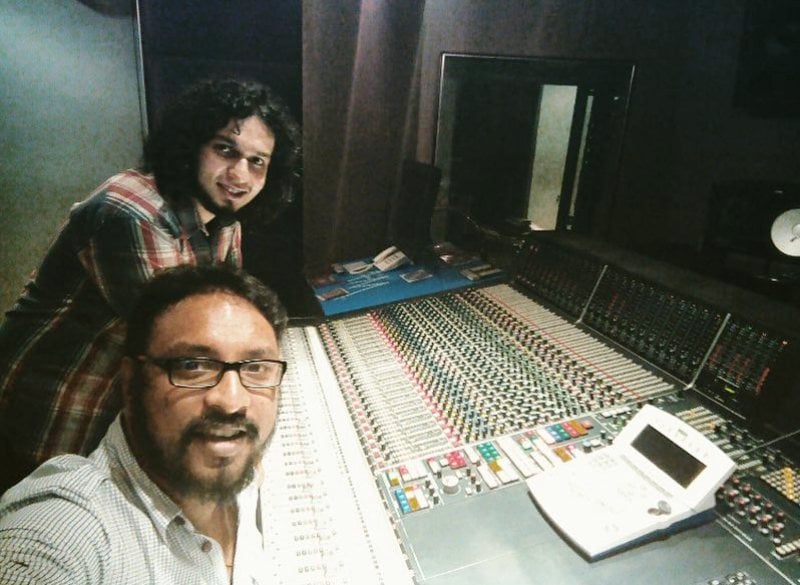 Achint Thakkar with sound engineer P. A. Deepak at A. R. Rahman’s studio in Chennai while working on his album Shalimar in 2015