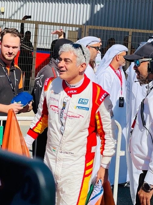 Actor Ajith Kumar after winning the Dubai 24H racing event