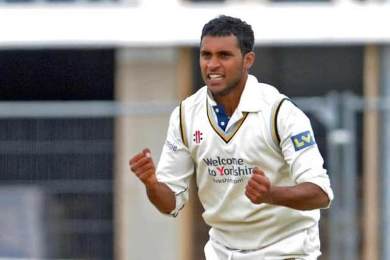 Adil Rashid celebrates the wicket of Marcus Trescothick LBW for 117 on April 15, 2010, playing for Yorkshire against Somerset