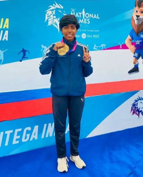 Aditi Swami after winning gold at the 36th National Games (2022)