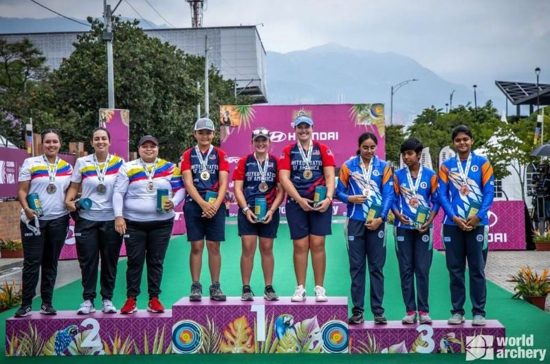 Aditi Swami (second from the extreme right), along with her team, after winning bronze at the 2023 Archery World Cup