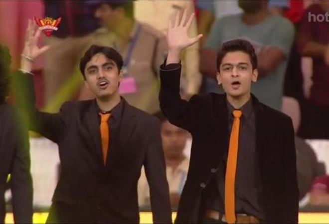 Aditya Gadhvi (left) at the opening ceremony of the Indian Premier League 2017