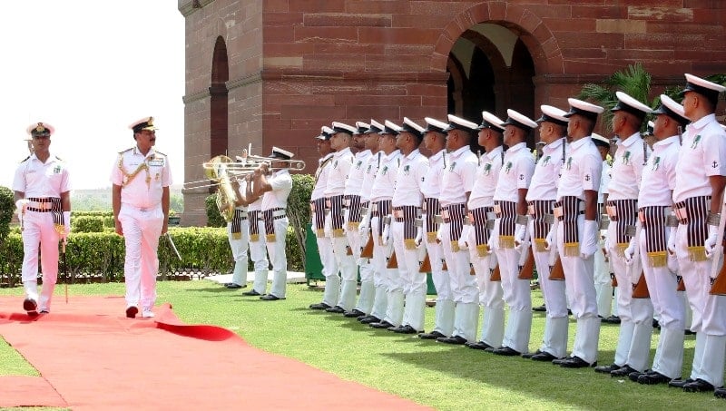 Admiral Tripathi inspecting the Guard of Honour after taking over as the CNS in New Delhi