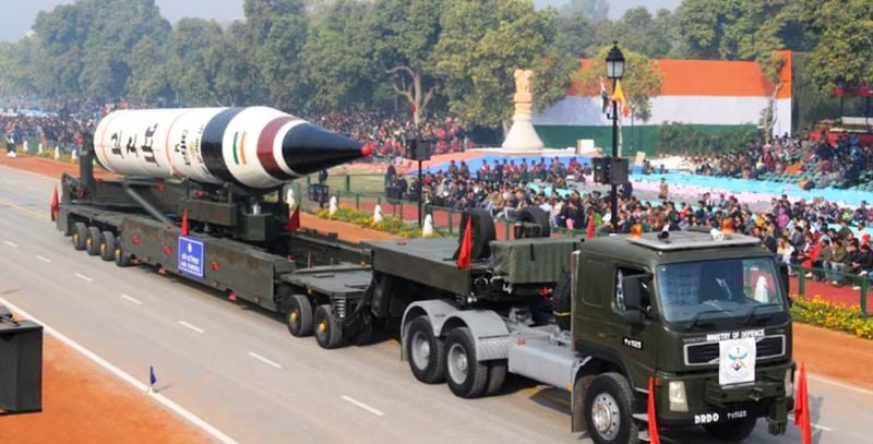 Agni-V missile during the full dress rehearsal for the Republic Day Parade in New Delhi on 23 January 2013