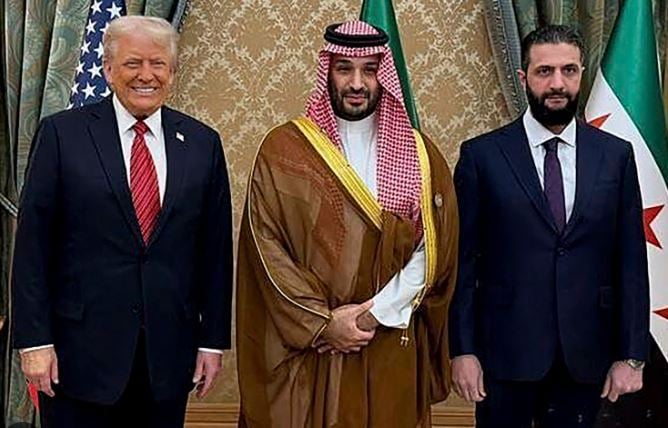 Ahmed al-Sharaa with Donald Trump (left) and Crown Prince of Saudi Arabia Mohammed bin Salman (right)