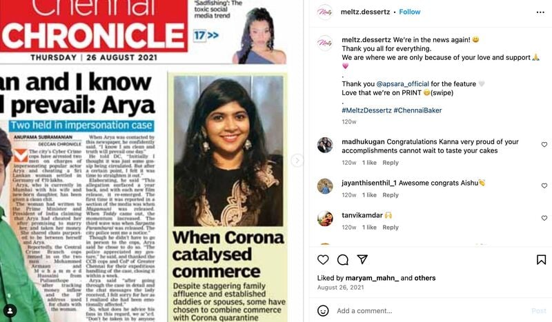 Aishwarya shared the cutting of an article published about her bakery on her Instagram account